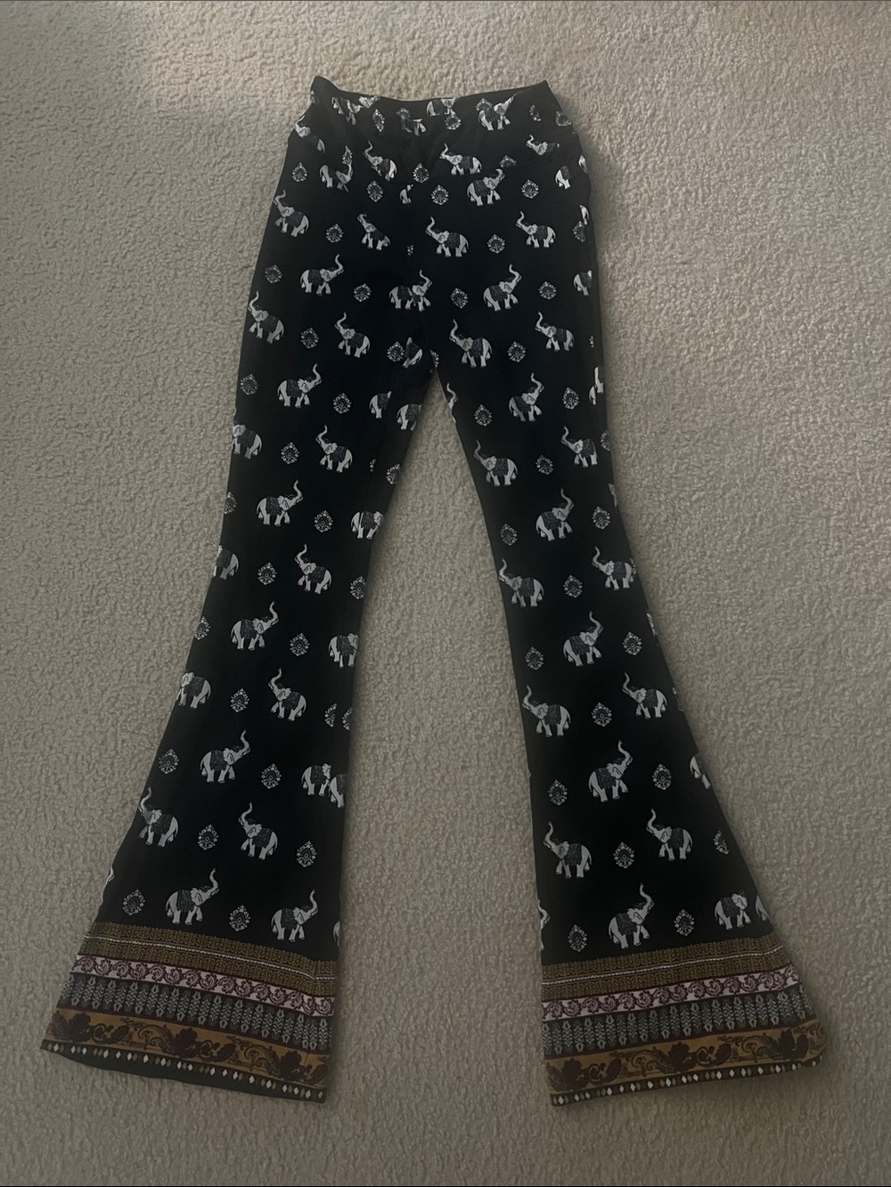 Mudd Black Flare Pants with White Elephant Print and Multicolor Hem